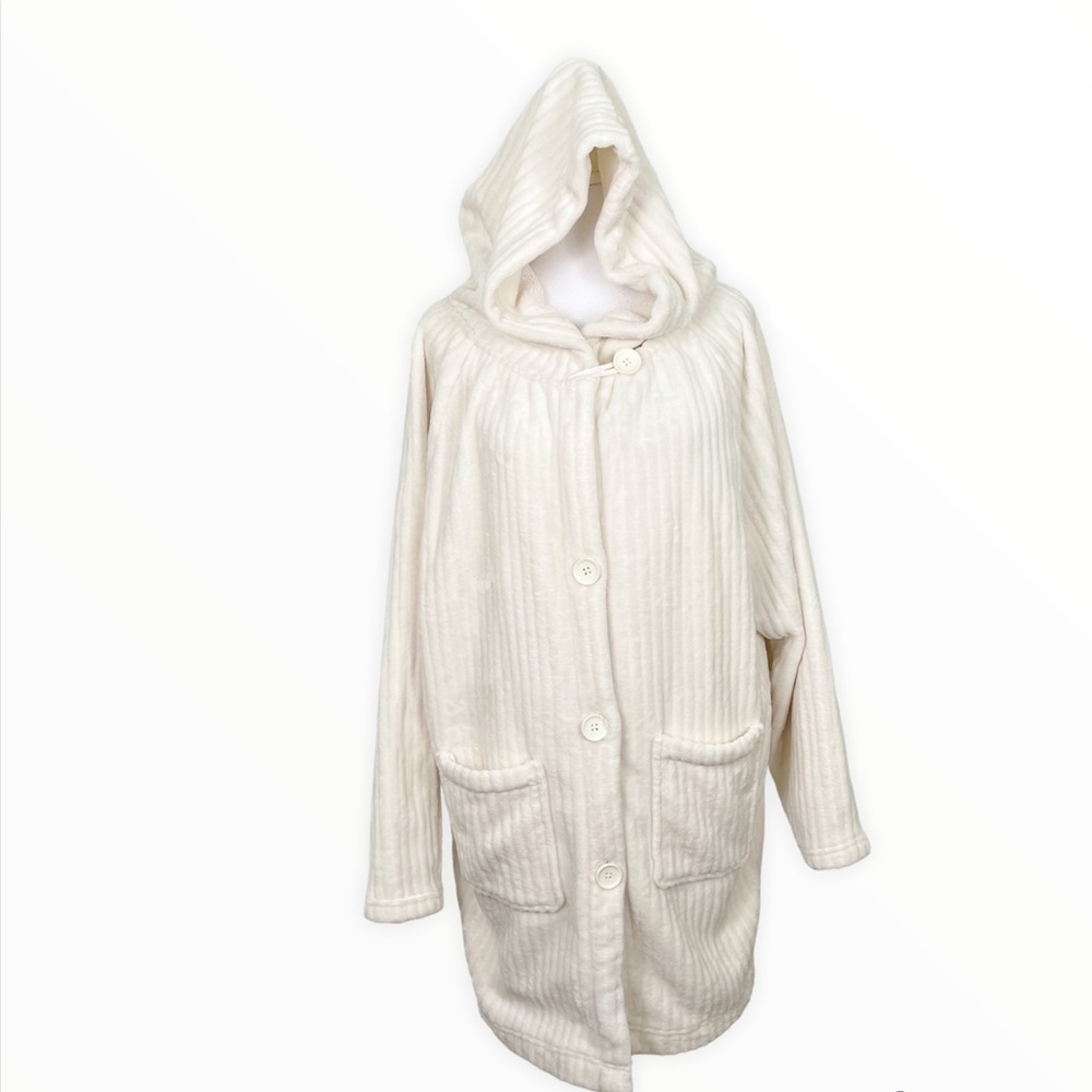 Neiwai Petite Cream Ivory Fleece Hooded Plush Long Button Up Coat Robe Size M